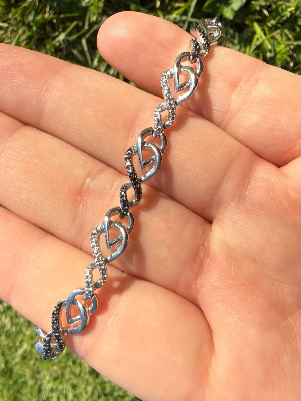 Black and White Diamond Heart Infinity Link Bracelet - Sterling Silver